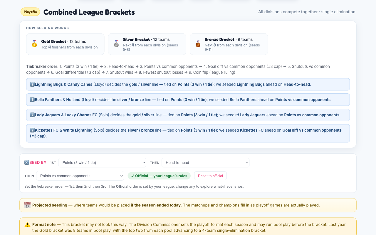 The Playoffs tab showing how seeding works, the tiebreaker order and the tie decisions for a division